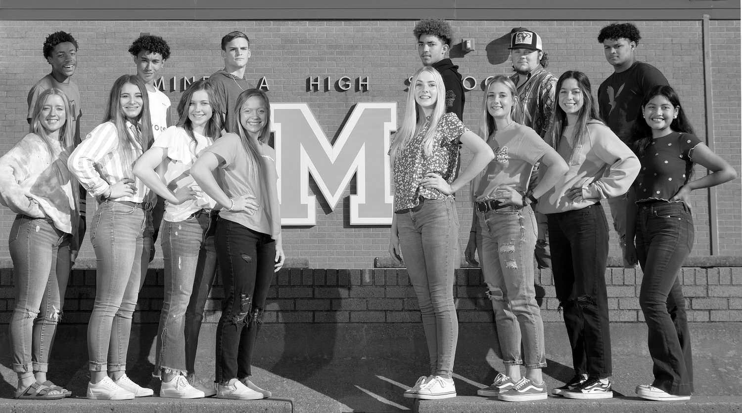 Mineola High School homecoming is Friday, Oct. 22 as the Yellowjackets take on Howe at 7:30 p.m. at Meredith Memorial Stadium. MHS will crown a homecoming king for the first time, in addition to a queen. King’s court and nominees are, back from left, freshman duke Xzavien Lipscomb, sophomore duke Trenton Seely and king nominees Coy Anderson, Jaxon Holland, Justin Crump and Nathaniel Griffin. Not pictured are junior duke Jett Vaughan and king nominee Dee Elshehaby. Queen’s court and nominees are, front from left, freshman duchess Sarah Smith, sophomore duchess Valerie Moreland, junior duchess Allison Hooton and queen nominees Riley Weekly, Rebecca Hughes, Hannah Zoch, Keilee Riley and Michelle Hernandez. The homecoming parade is Friday at 3 p.m. from Graham St. to the Church of Christ along Hwy. 80.